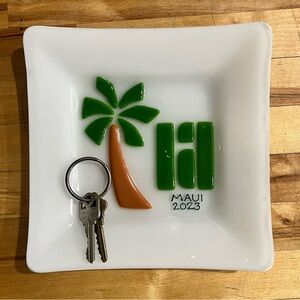 Maui Hawaiian fused glass art. 7x7x1”trinket plate.Island Art tropical palm tree